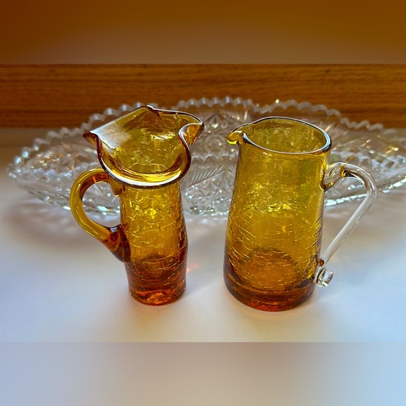 Miniature PAIR of Blown Glass Pitchers Golden Amber Crackle Glass Creamers 4” - Picture 6 of 8